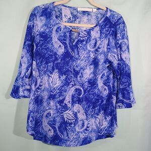 Blue White Paisley Blouse 3/4 Sleeve Split Neck Printed Top